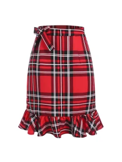 Clearance Retro Stage 1970s Tartan Plaids Bow Ruffles Skirt Red