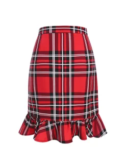 Clearance Retro Stage 1970s Tartan Plaids Bow Ruffles Skirt Red