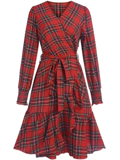 Outlet Retro Stage 1960s Tartan Plaids Ruffle Hem Belted Dress Red
