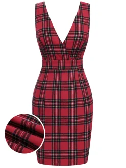 Outlet Retro Stage 1960s Tartan Plaids Suspender Dress Red