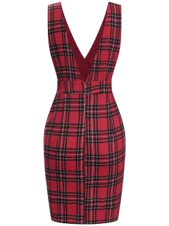 Outlet Retro Stage 1960s Tartan Plaids Suspender Dress Red
