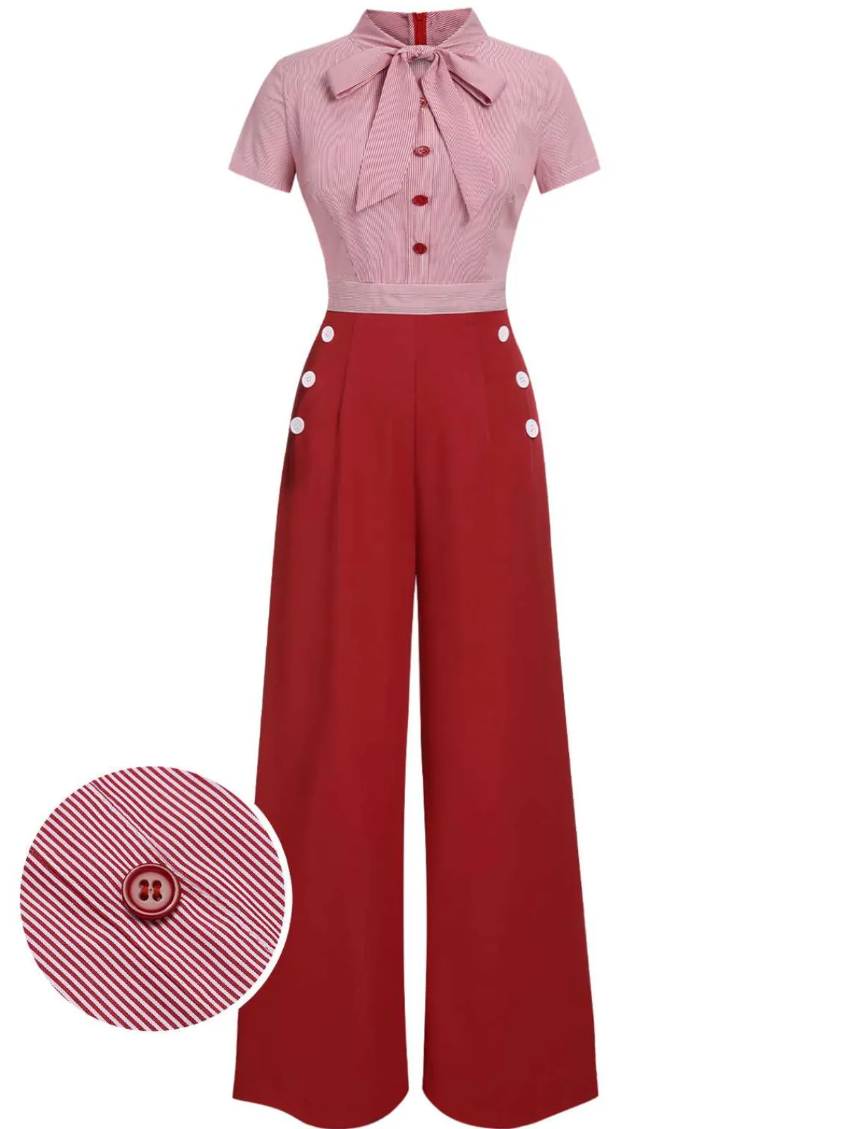 Fashion Retro Stage 1940s Tie Neck Stripes Jumpsuit Red