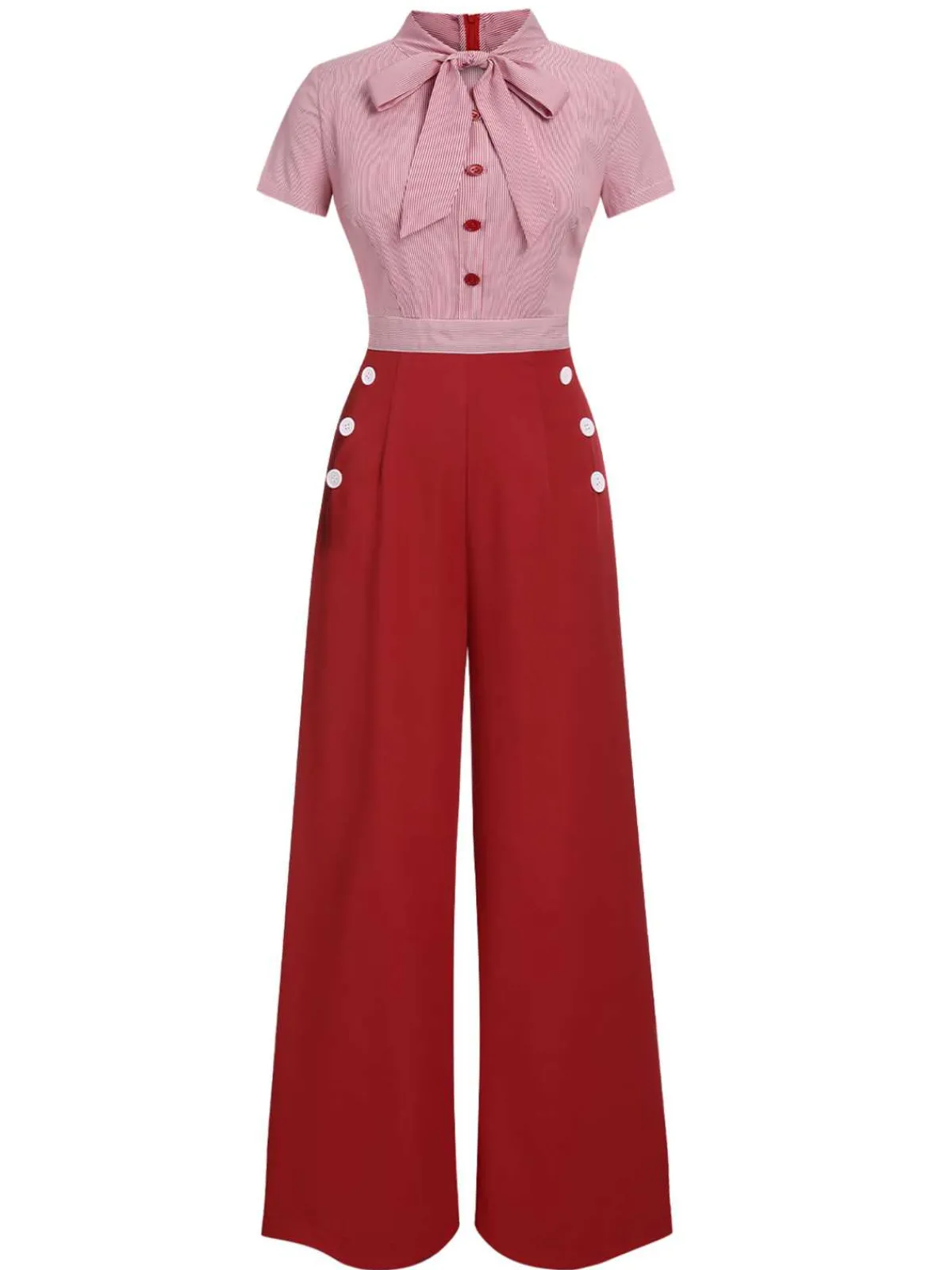 Fashion Retro Stage 1940s Tie Neck Stripes Jumpsuit Red
