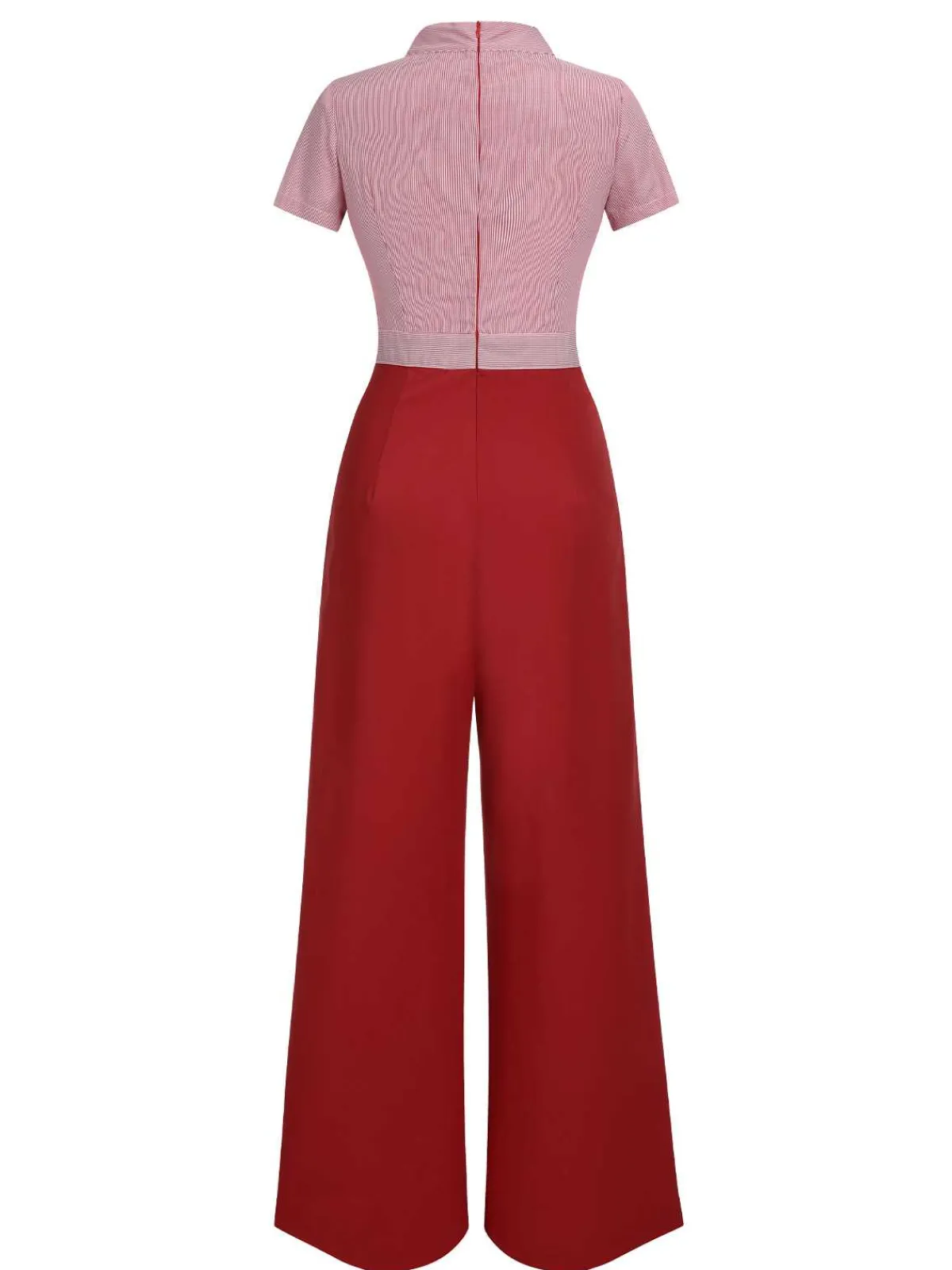Fashion Retro Stage 1940s Tie Neck Stripes Jumpsuit Red