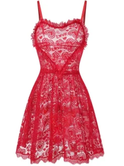 New Retro Stage 1950s Valentine Hearts Lace Straps Nightdress Red