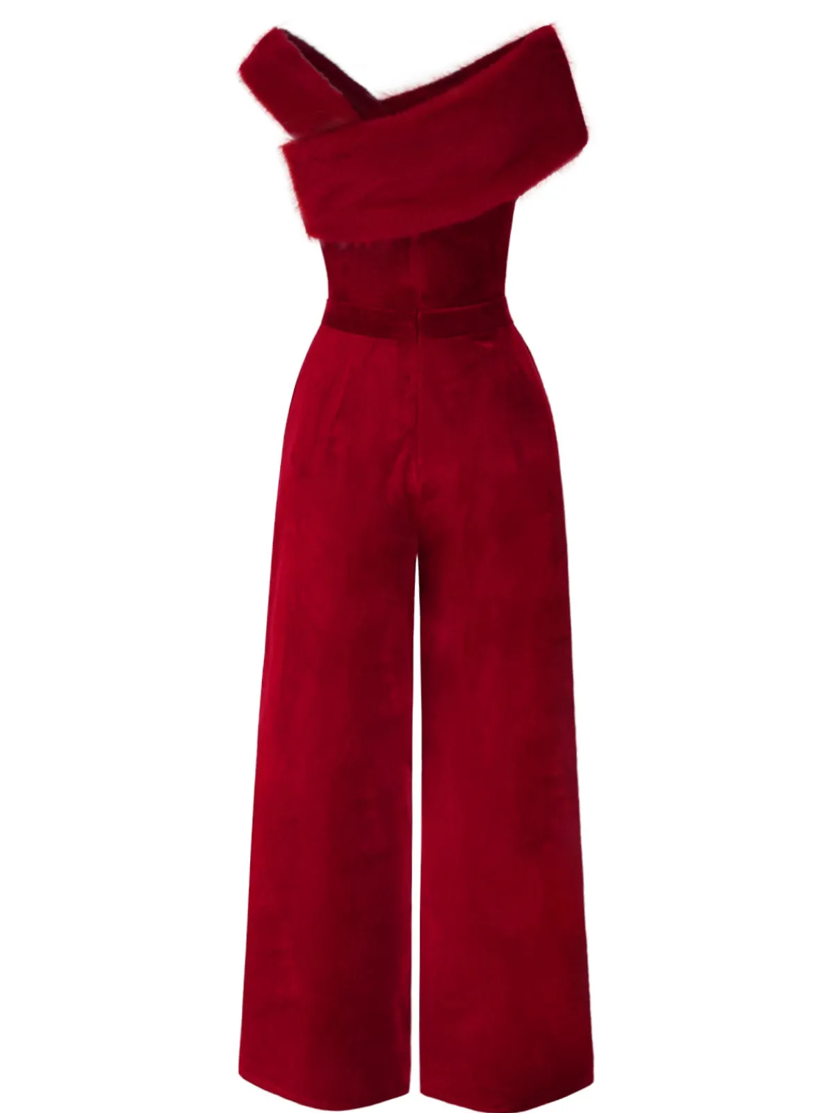 Sale Retro Stage Red 1950s Velvet Off Shoulder Button Jumpsuit