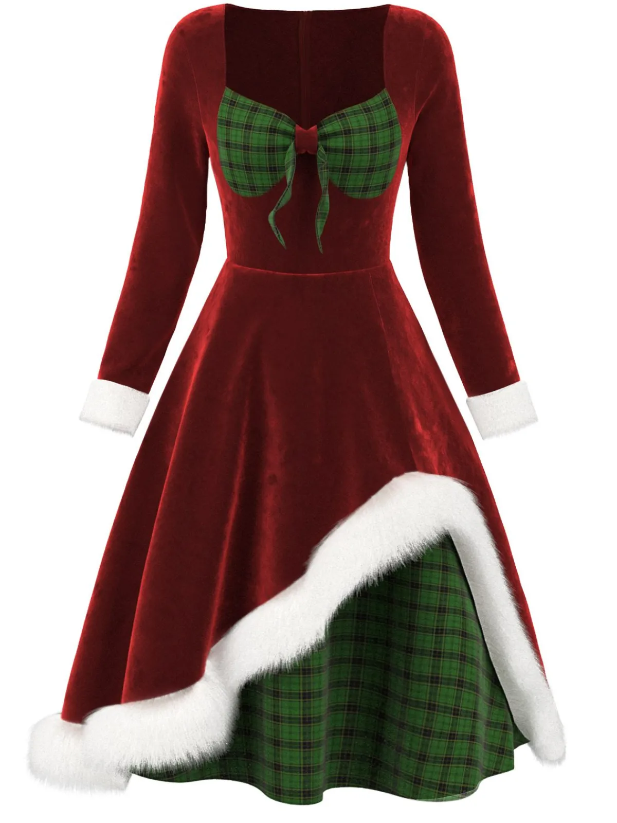 Sale Retro Stage Red 1950s Velvet Plush & Plaid Patchwork Dress Deep Red