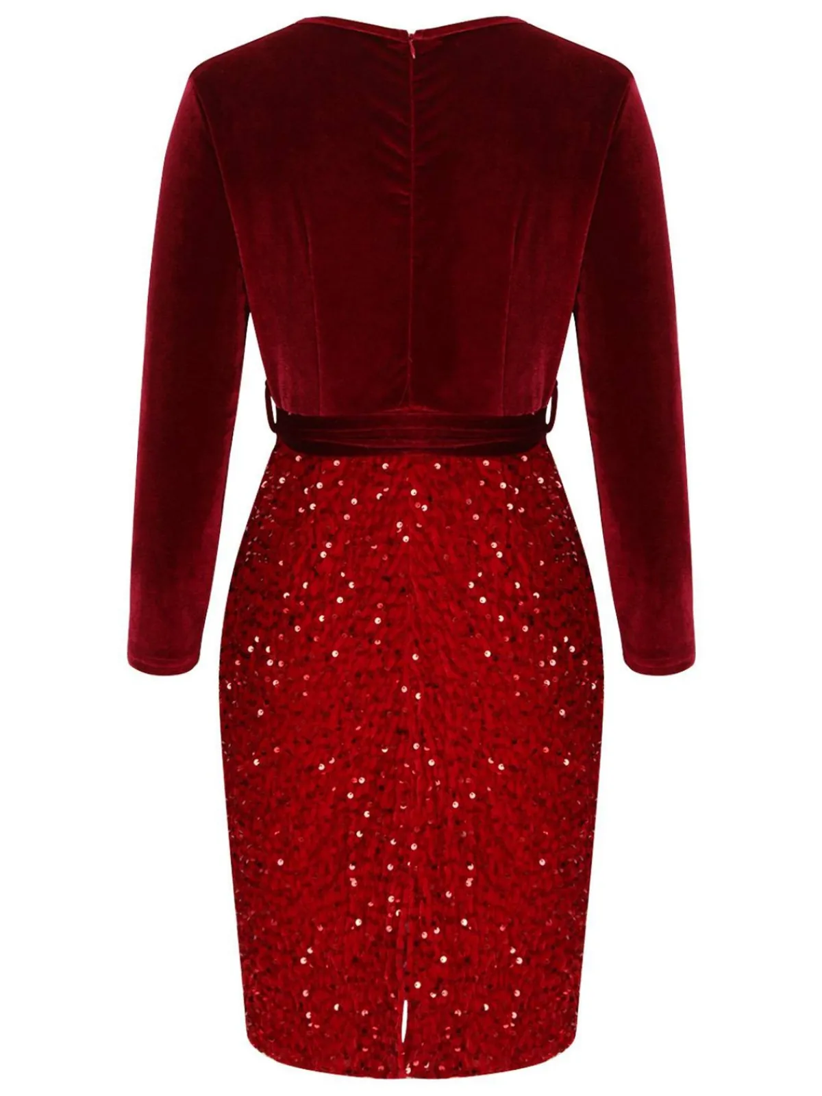 Outlet Retro Stage 1960s Velvet Sequined Patchwork Pencil Dress Red