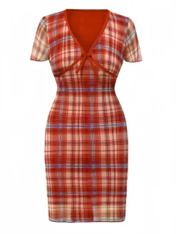 Sale Retro Stage 1960s V-Neck Bow Plaid Pencil Dress Red