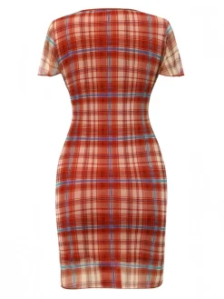 Sale Retro Stage 1960s V-Neck Bow Plaid Pencil Dress Red