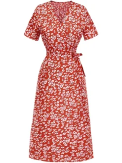 New Retro Stage 1940s V-Neck Ditsy Floral Wrap Dress Red