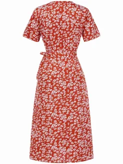 New Retro Stage 1940s V-Neck Ditsy Floral Wrap Dress Red