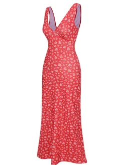 Best Retro Stage 1960s V-Neck Ditsy Floral Dress Red