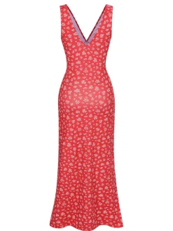 Best Retro Stage 1960s V-Neck Ditsy Floral Dress Red