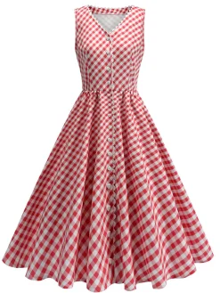 Sale Retro Stage 1950s V-Neck Gingham Plaid Dress Red