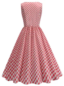 Sale Retro Stage 1950s V-Neck Gingham Plaid Dress Red