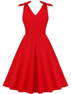 Clearance Retro Stage 1950s V-Neck Sleeveless Solid Dress Red