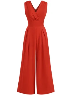New Retro Stage Red 1960s V-Neck Sleeveless Wide Leg Jumpsuit True Red