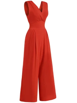 New Retro Stage Red 1960s V-Neck Sleeveless Wide Leg Jumpsuit True Red