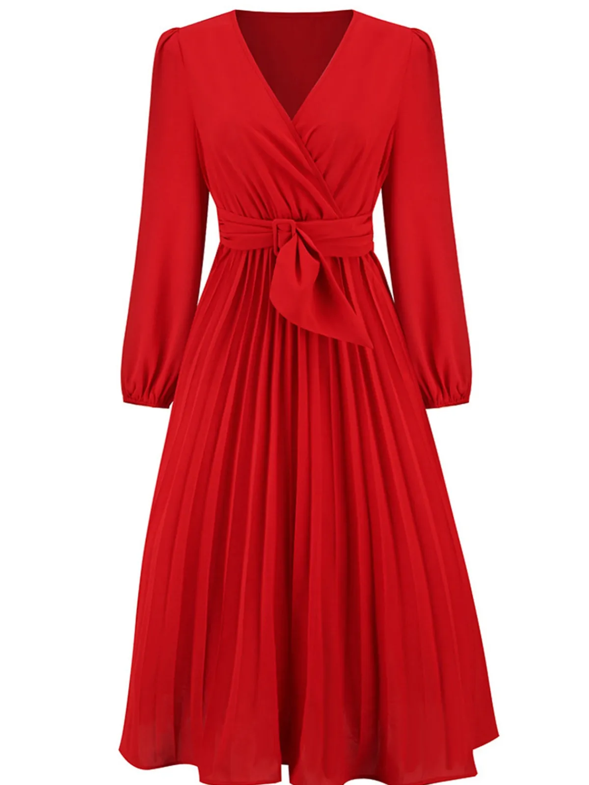 Outlet Retro Stage 1940s V-Neck Solid Pleated Dress Red