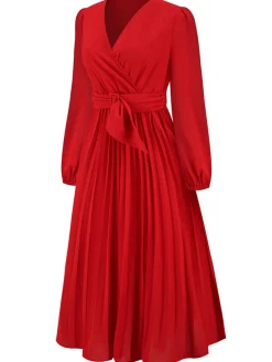 Outlet Retro Stage 1940s V-Neck Solid Pleated Dress Red