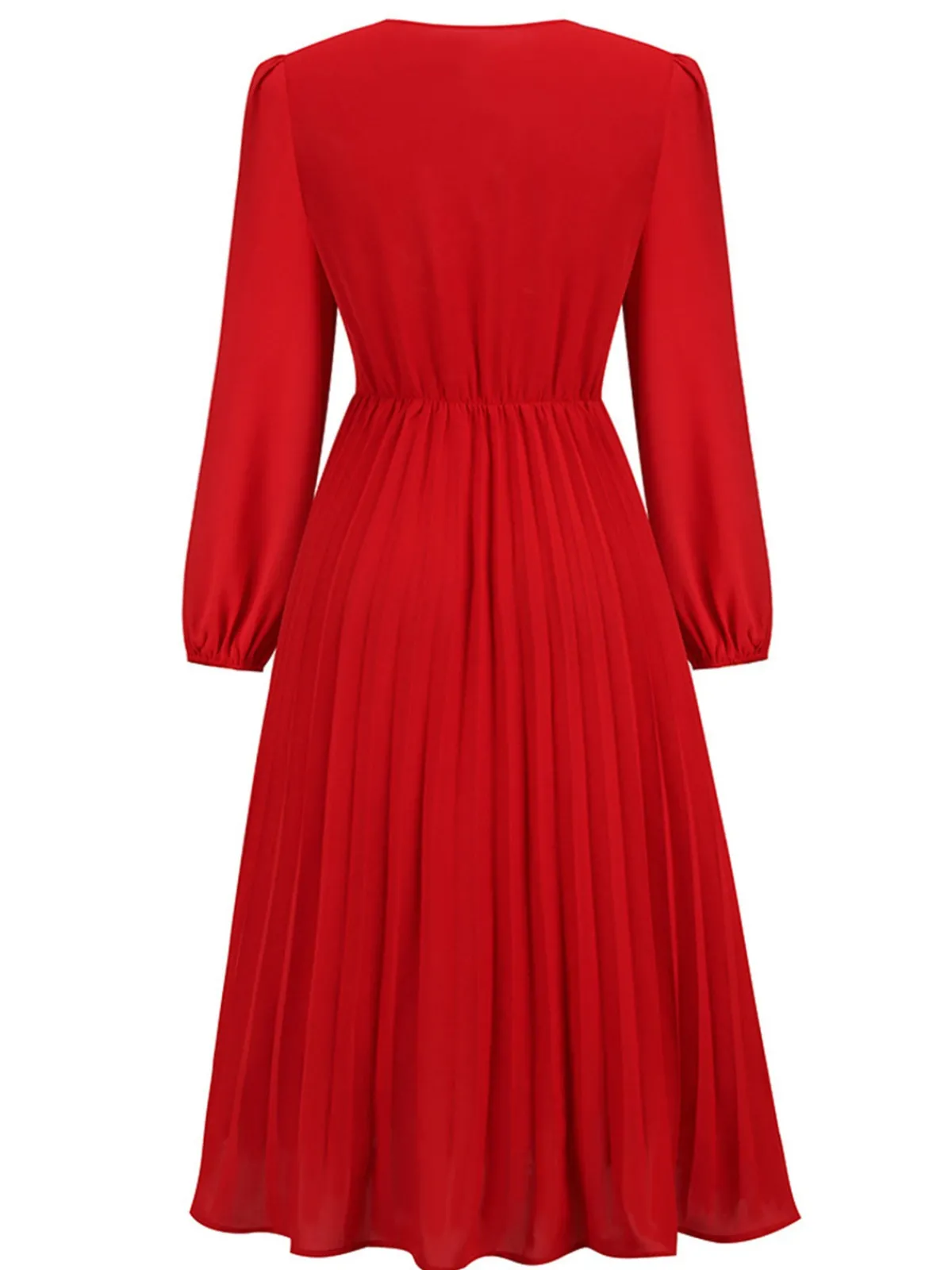 Outlet Retro Stage 1940s V-Neck Solid Pleated Dress Red