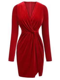 Sale Retro Stage 1960s V-Neck Velvet Pleated Wrap Dress Red