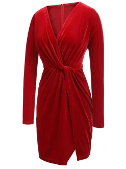 Sale Retro Stage 1960s V-Neck Velvet Pleated Wrap Dress Red