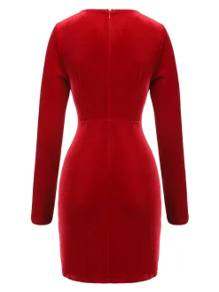 Sale Retro Stage 1960s V-Neck Velvet Pleated Wrap Dress Red