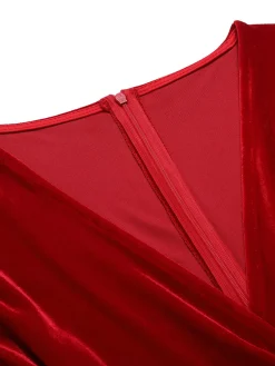 Sale Retro Stage 1960s V-Neck Velvet Pleated Wrap Dress Red