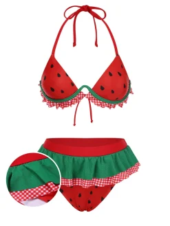 Hot Retro Stage 1950s Watermelon Ruffled Bikini Set Red