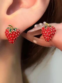 Clearance Retro Stage Red Strawberry Gold Accents Earrings