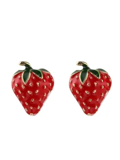Clearance Retro Stage Red Strawberry Gold Accents Earrings