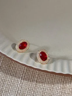 Clearance Retro Stage Red Vintage Oval Crystal Diamond Earrings