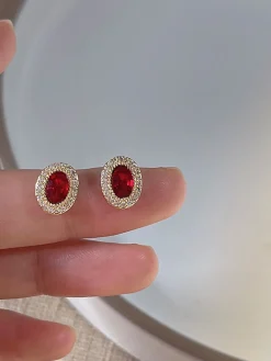 Clearance Retro Stage Red Vintage Oval Crystal Diamond Earrings