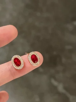 Clearance Retro Stage Red Vintage Oval Crystal Diamond Earrings
