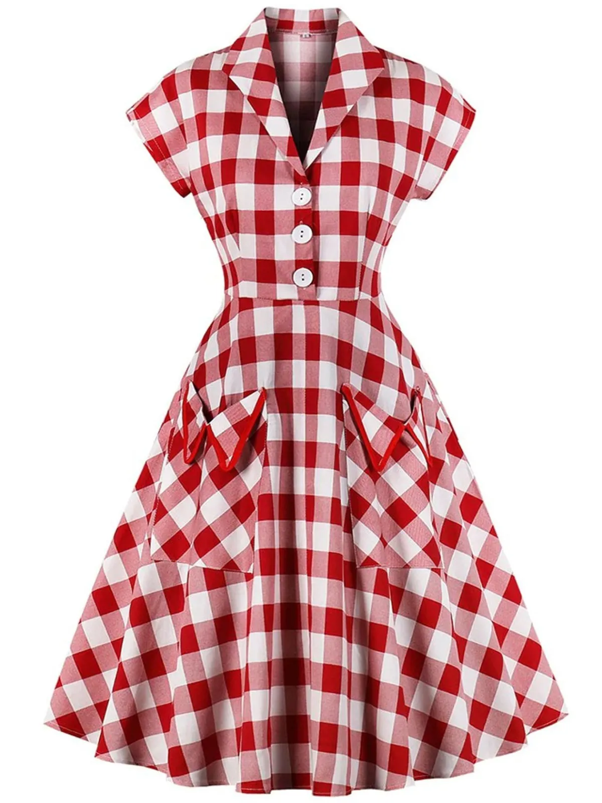 Sale Retro Stage White 1950s Pockets Plaid Dress Red