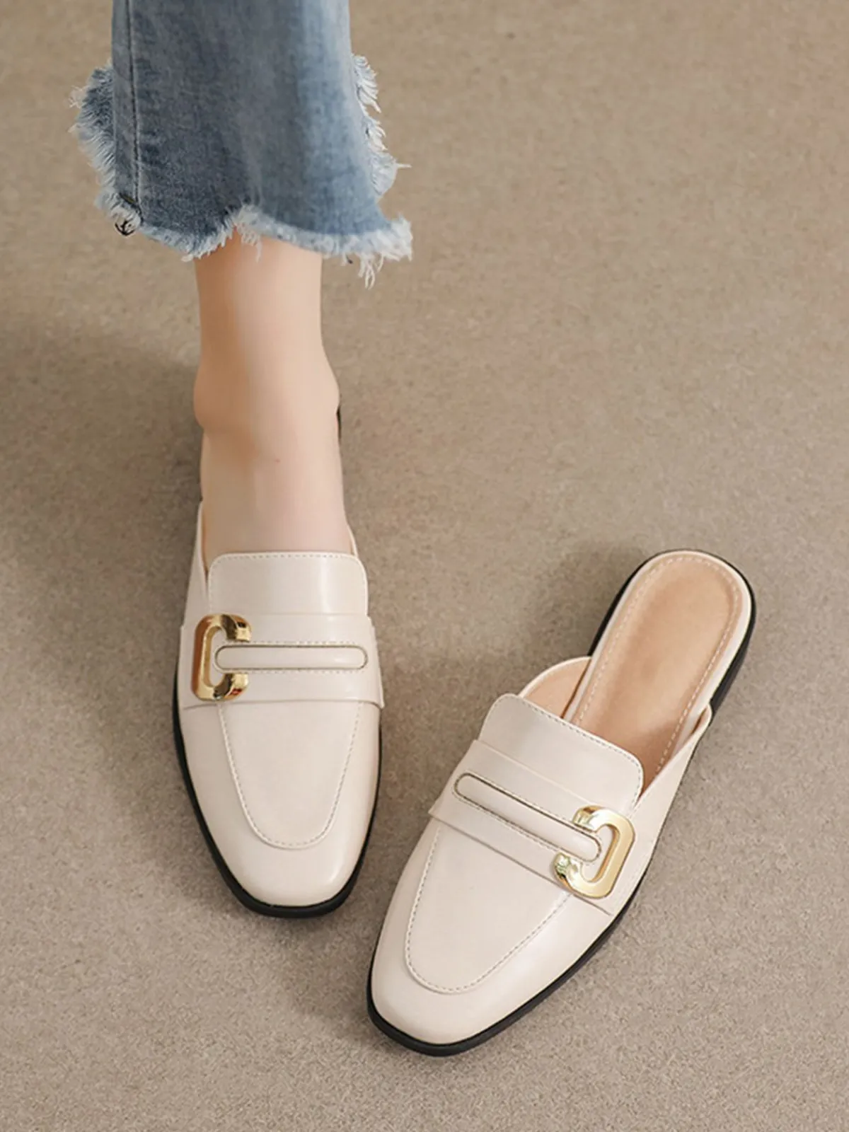 Fashion Retro Stage Retro Leather Loafers Half Slippers Beige