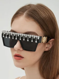 Fashion Retro Stage Retro Black Large Frame Diamond Sunglasses