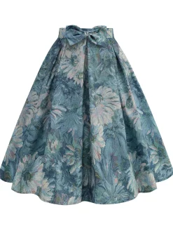 Sale Retro Stage Retro 1950s Lotus Painting Bow Skirt Blue