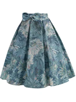 Sale Retro Stage Retro 1950s Lotus Painting Bow Skirt Blue