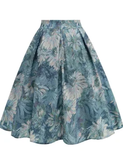Sale Retro Stage Retro 1950s Lotus Painting Bow Skirt Blue