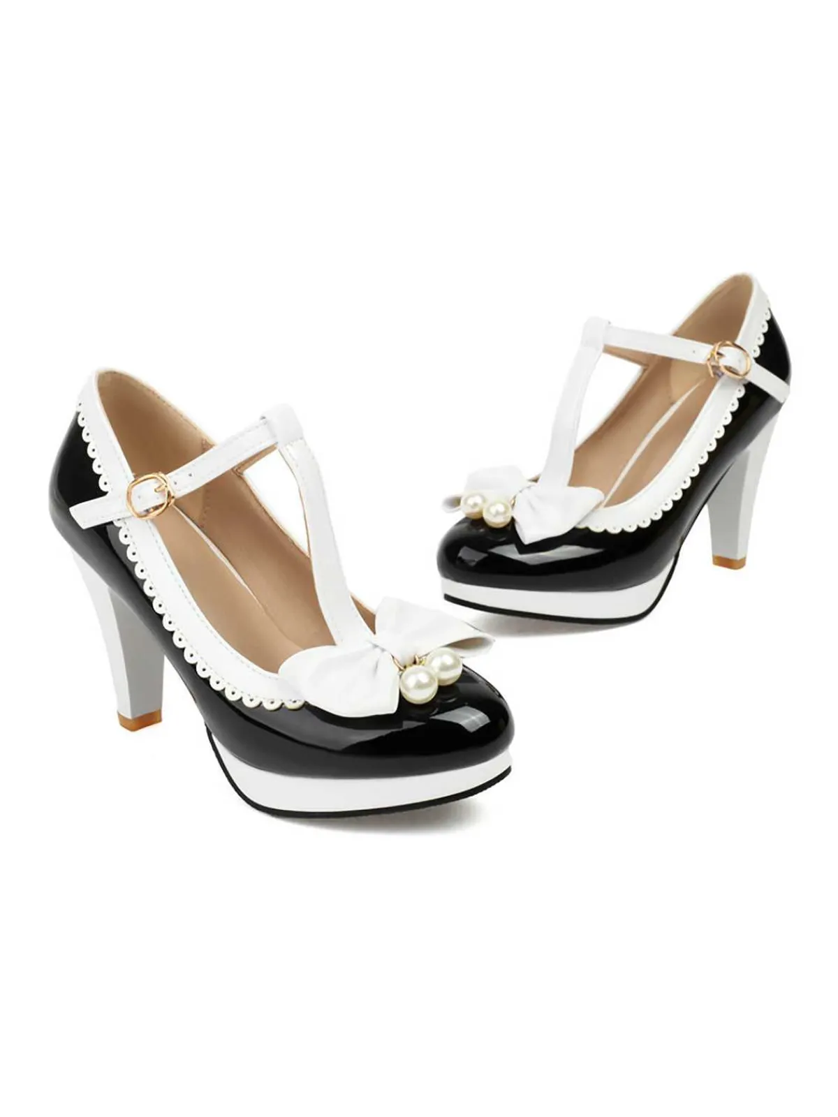 Online Retro Stage Retro Bow Pearl T-Strap Contrast High Heels Shoes