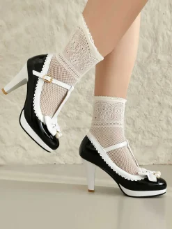 Online Retro Stage Retro Bow Pearl T-Strap Contrast High Heels Shoes