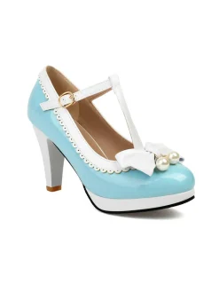 Online Retro Stage Retro Bow Pearl T-Strap Contrast High Heels Shoes