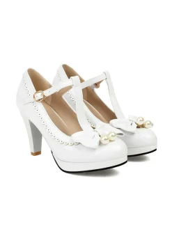 Online Retro Stage Retro Bow Pearl T-Strap Contrast High Heels Shoes