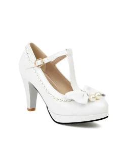 Online Retro Stage Retro Bow Pearl T-Strap Contrast High Heels Shoes