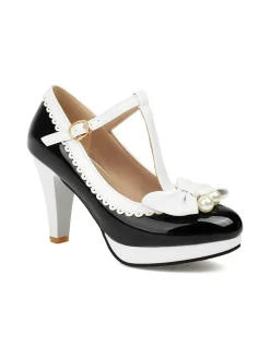 Online Retro Stage Retro Bow Pearl T-Strap Contrast High Heels Shoes