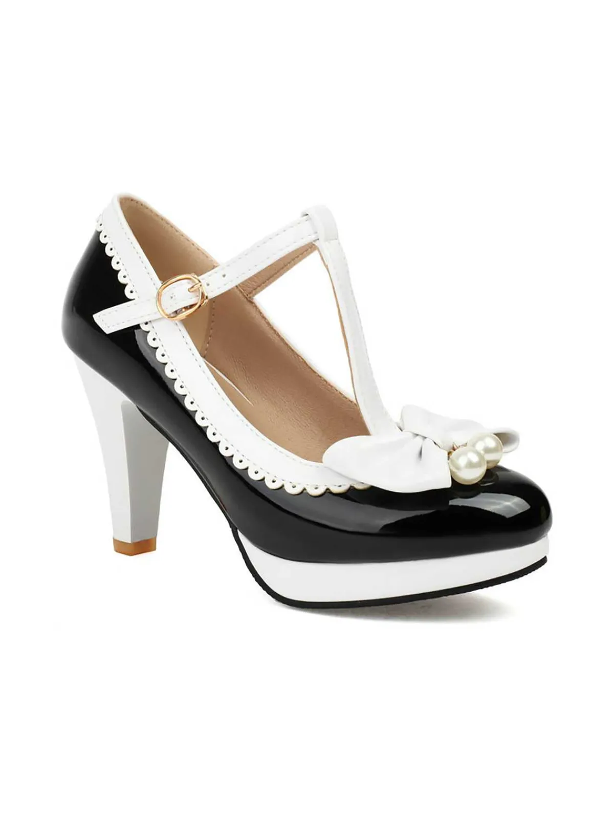 Online Retro Stage Retro Bow Pearl T-Strap Contrast High Heels Shoes