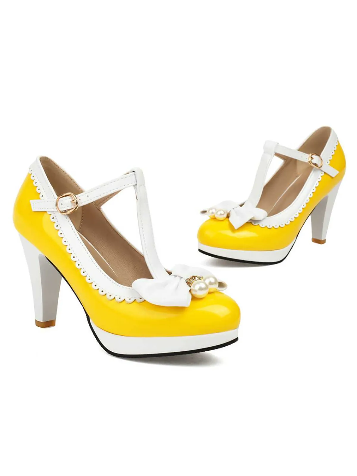 Online Retro Stage Retro Bow Pearl T-Strap Contrast High Heels Shoes